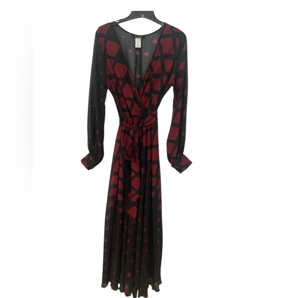 Sexy Diva black, geometric pattern red diamonds in square formations maxi dress